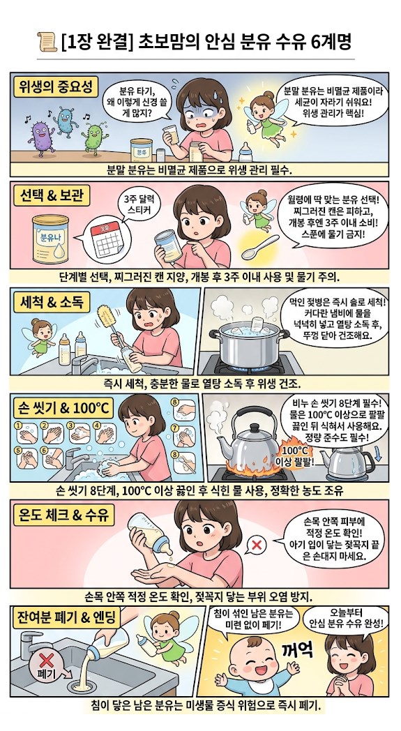 [1장 완결] 초보맘의 안심 분유 수유 6계명 웹툰. 1. 위생의 중요성: 분말 분유는 비멸균 제품으로 위생 관리가 필수입니다. 2. 선택 & 보관: 월령에 맞는 분유를 선택하고, 찌그러진 캔은 피하며, 개봉 후 3주 이내 사용하고 물기가 닿지 않게 합니다. 3. 세척 & 소독: 먹인 젖병은 즉시 세척하고 충분한 물로 열탕 소독한 뒤 위생적으로 건조합니다. 4. 손 씻기 & 100도: 손 씻기 8단계를 지키고 물은 100도 이상 끓인 뒤 식혀서 사용하며 정확한 농도로 조유합니다. 5. 온도 체크 & 수유: 손목 안쪽 피부로 적정 온도를 확인하고 아기 입이 닿는 젖꼭지 끝은 손대지 않습니다. 6. 잔여분 폐기 & 엔딩: 아기 침이 섞인 남은 분유는 미생물 증식 위험이 있으므로 미련 없이 즉시 폐기합니다.